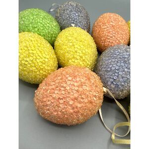 Lot of 10 Vintage Sugar Bead Beaded Eggs Large Easter Decor Ornaments
